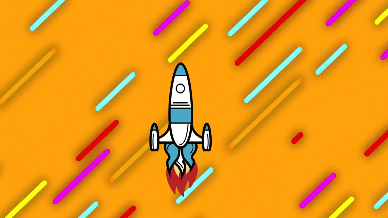 Animation of rocket icon over colorful light trails in seamless pattern on yellow background