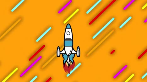 Animation-of-rocket-icon-over-colorful-light-trails-in-seamless-pattern-on-yellow-background