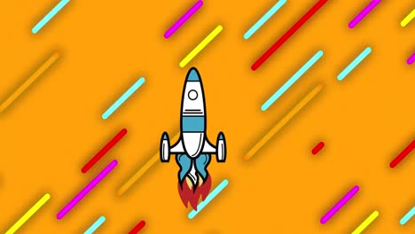 animation of rocket icon over colorful light trails in seamless pattern on yellow background