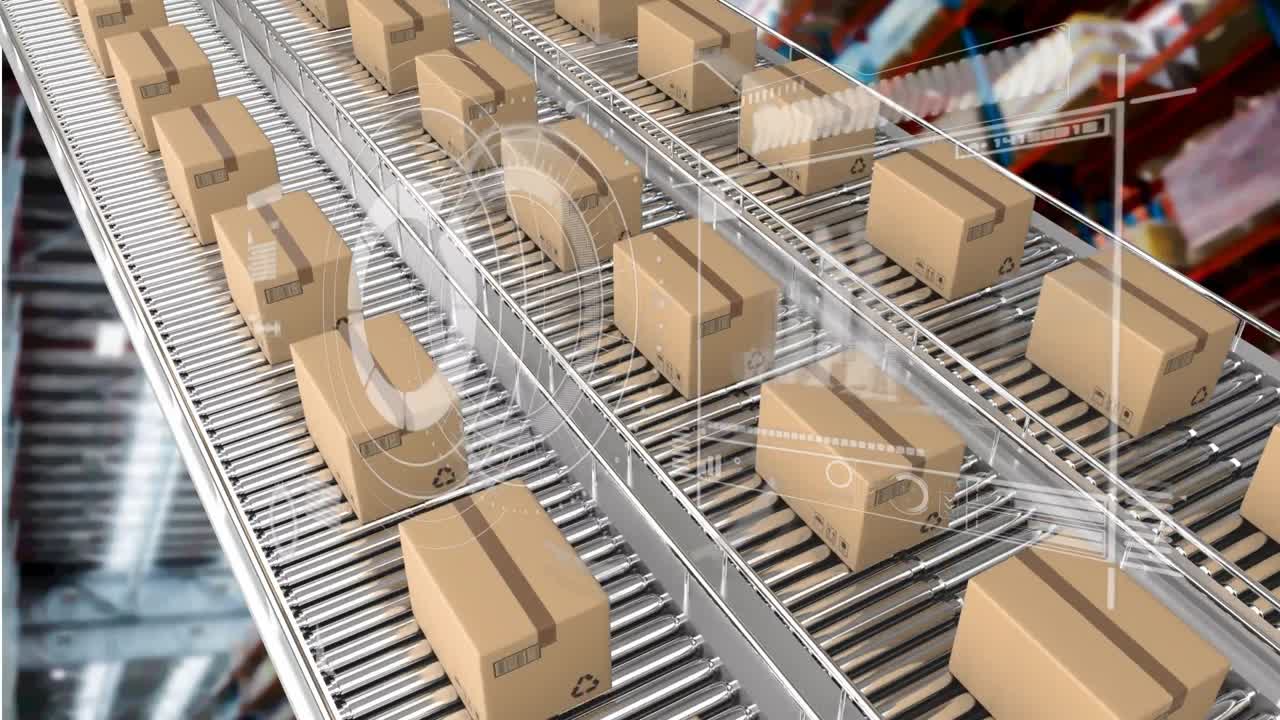 배경에서 컨베이어 벨트에 있는 카드보드 상자 위에서 통계 처리의 애니메이션