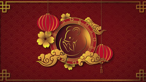 animation of gold and red chinese rat symbol over red background