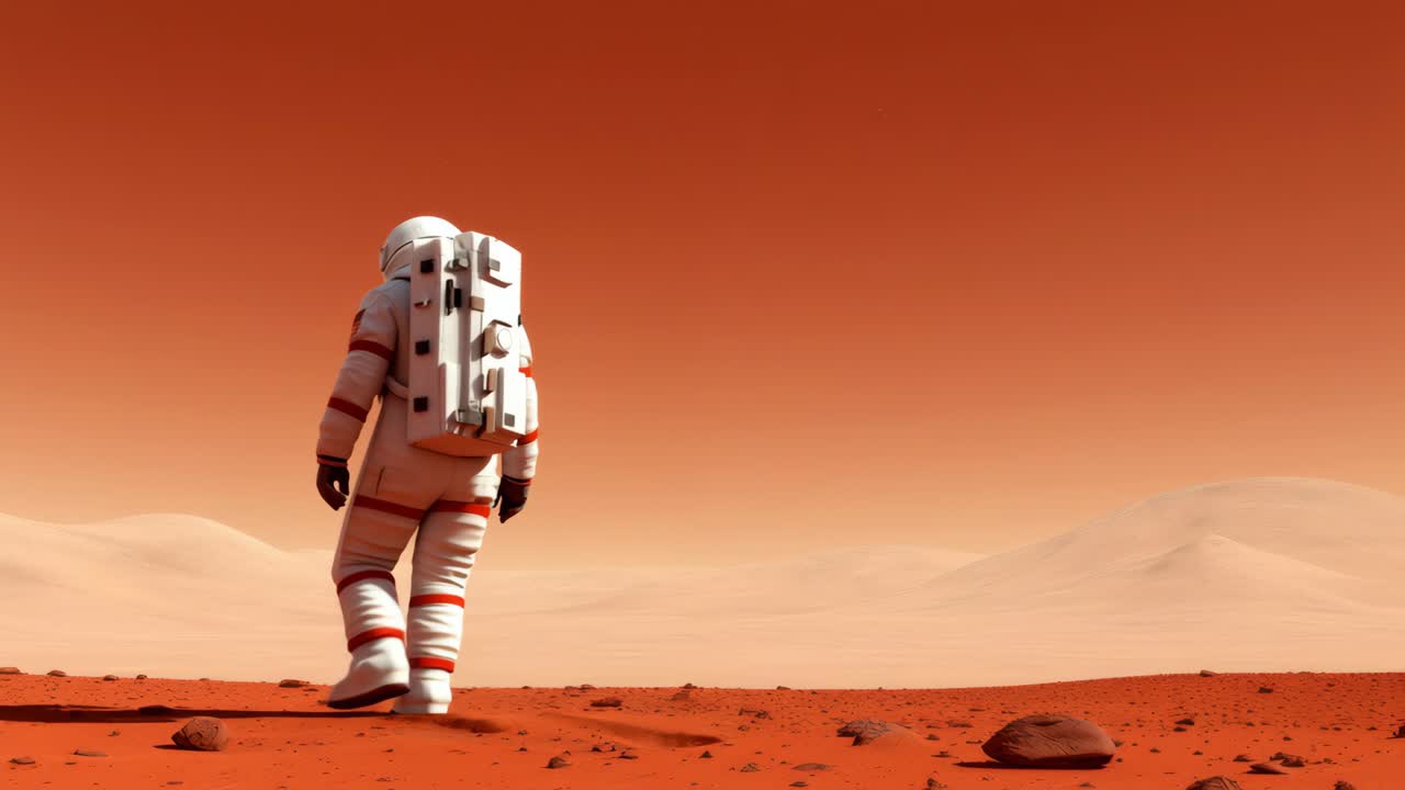 Un'inquadratura laterale di un astronauta che cammina su un paesaggio rosso e brullo, evocando un'atmosfera futuristica.