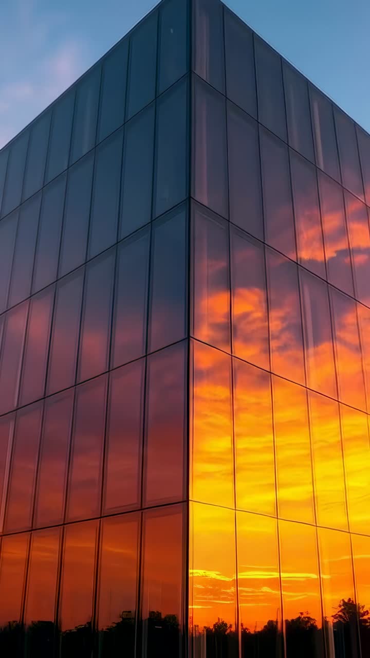 Vídeo vertical: sol se pondo, zoom da câmera, painéis de vidro refletindo o pôr do sol e as árvores na praça