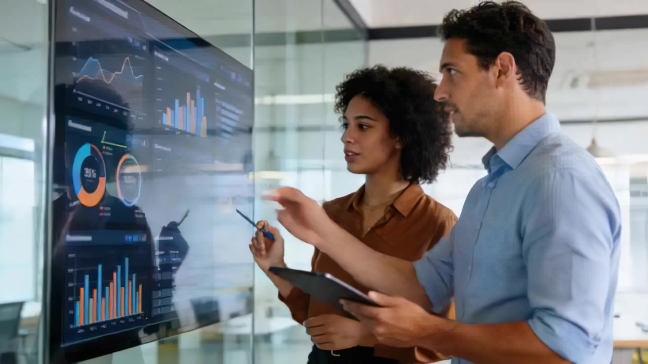Pointing brown-blouse woman starting review with man in office, noting charts on screen and tablets