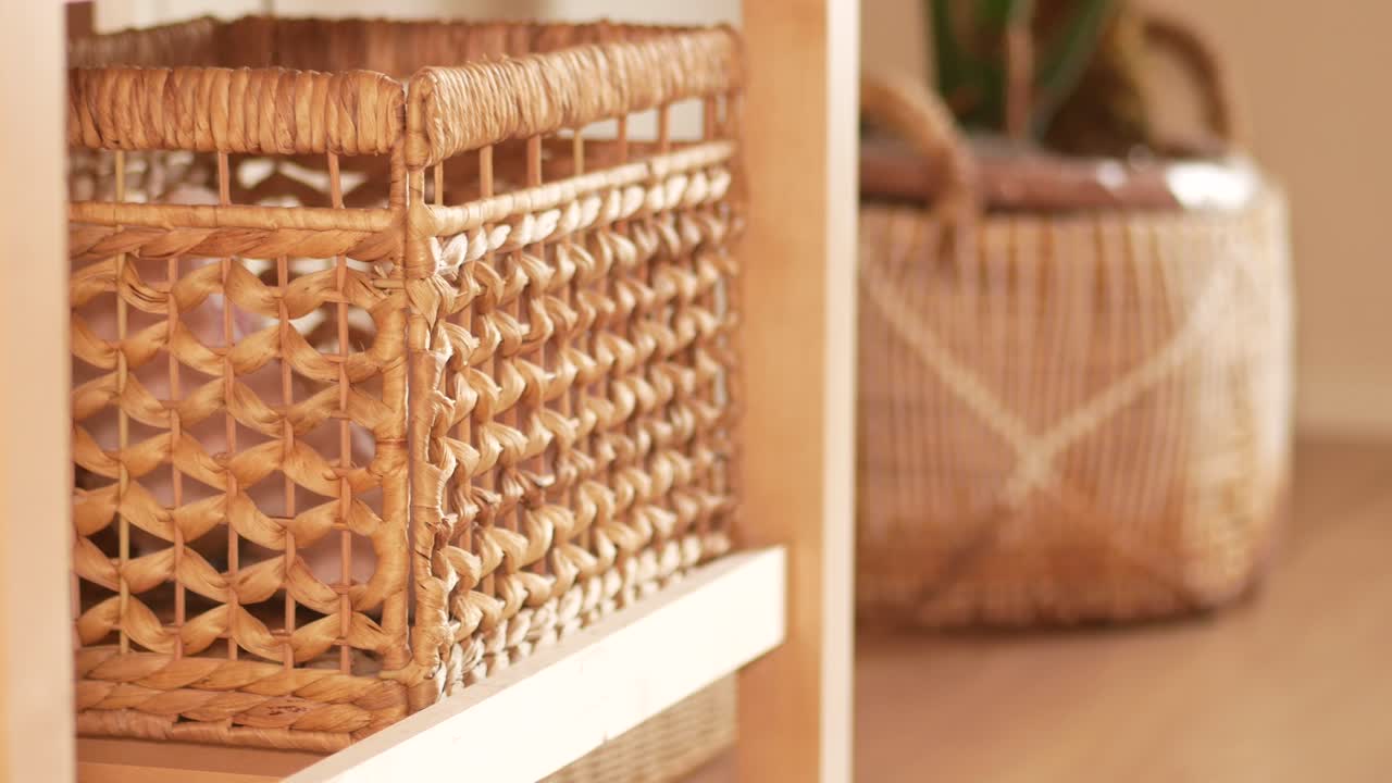 Wooden Shelf with a Wicker Basket and Potted Plant
