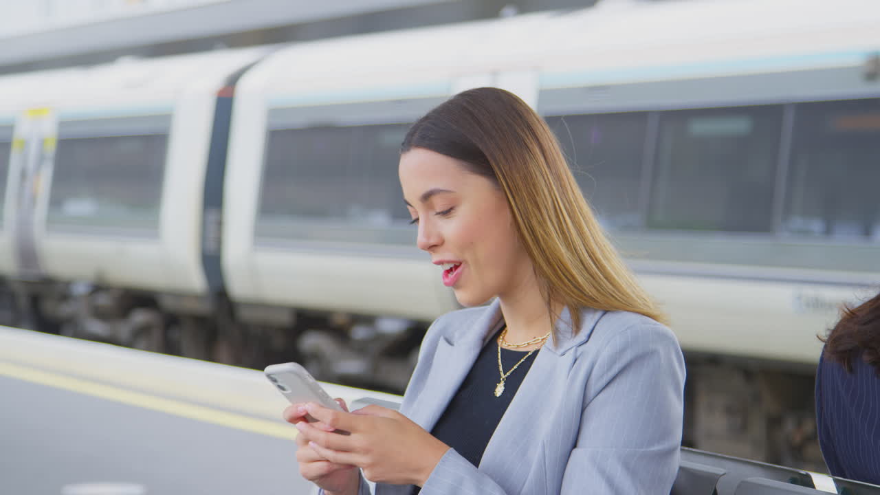mujer de negocios esperando en la plataforma del tren con auriculares inalámbricos responde la llamada en el teléfono móvil