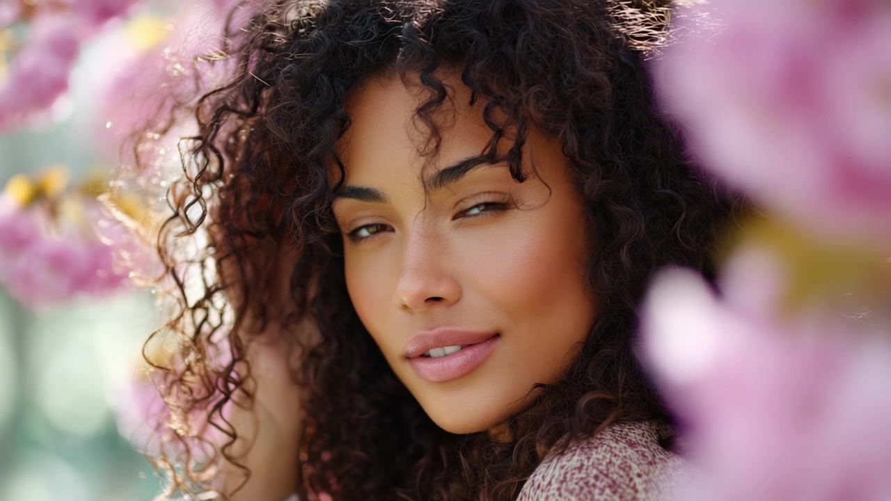 Retrato Cativante de uma Mulher com Cabelos Cacheados Rodeada por Belas Flores em um Cenário Natural Ensolarado, Irradiando Alegria e Elegância.