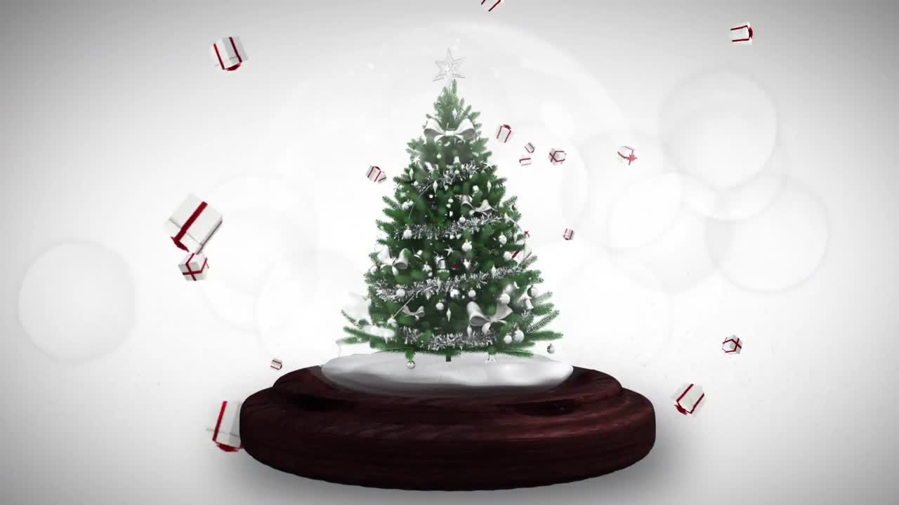 회색 배경에 크리스마스 선물 아이콘에 대한 눈 글로브에서 크리스마스 트리 주변에  ⁇ 는 별