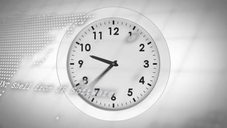 animación de relojes que se mueven rápidamente, procesamiento de datos y mapa del mundo