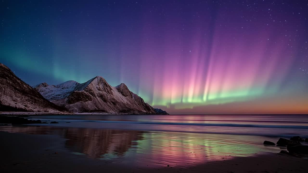 Aurora Borealis over the Mountains and Beach in Norway