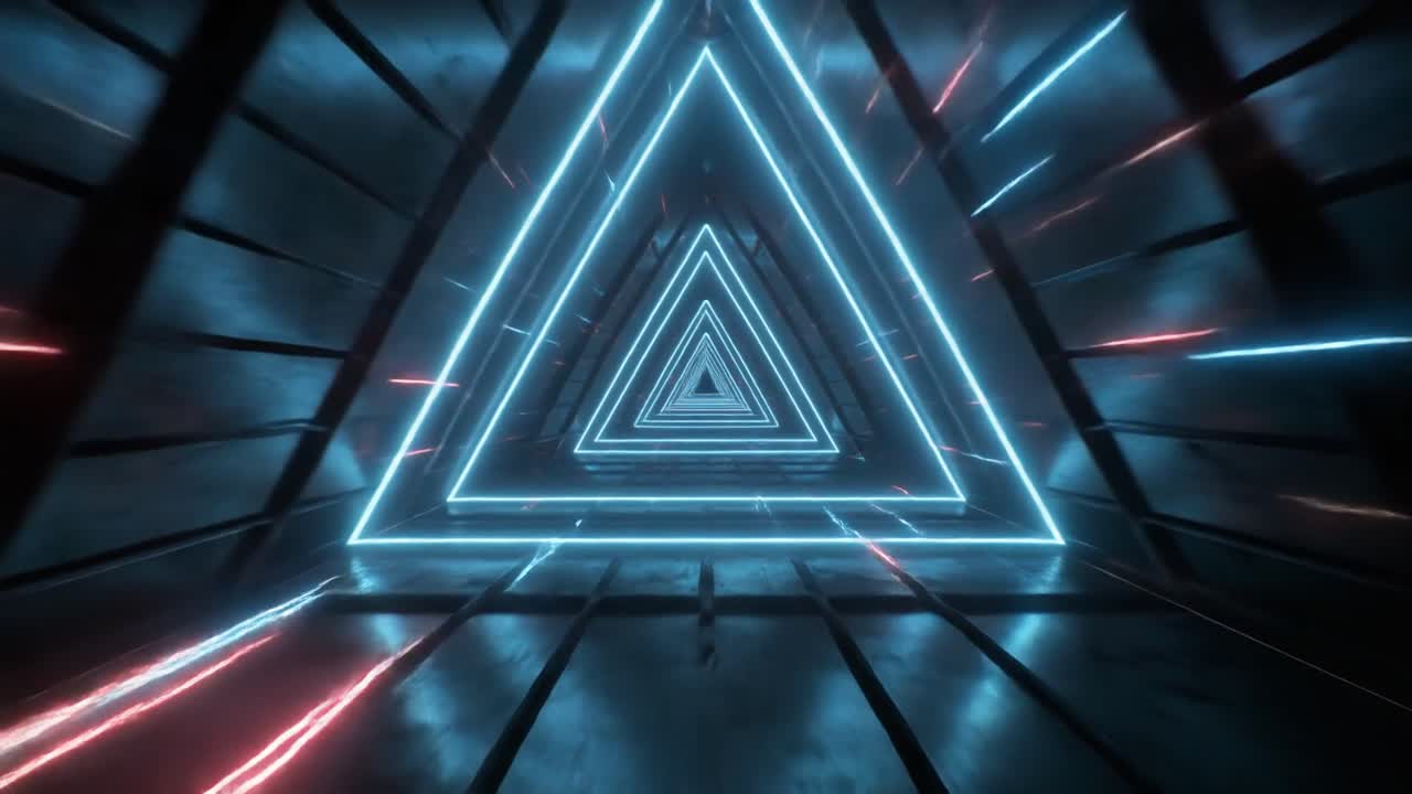 Flying Through a Futuristic Neon Triangle Tunnel with Light Streaks