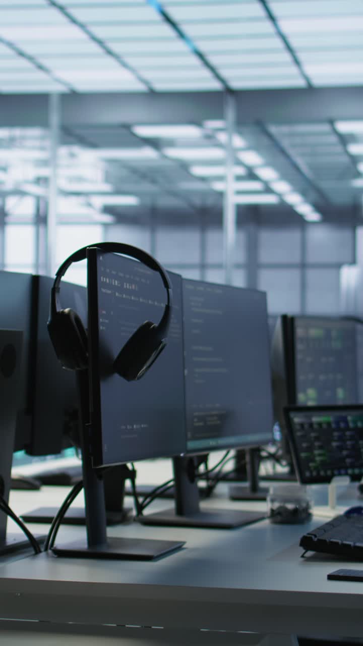 Vertical video Close up of coding software on tablet in server room