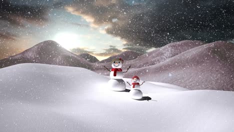 Animation-Von-Zwei-Schneemännern-Mit-Fallendem-Schnee-In-Einer-Winterlandschaft