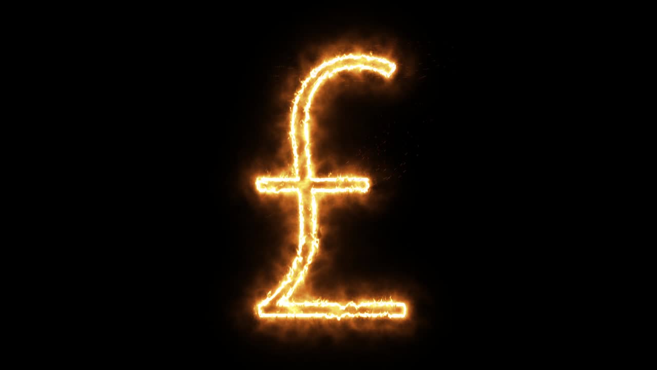 Pound sterling symbol of burning flame. British pound symbol made from fire flame. Flaming burn font or bonfire alphabet text with sizzling fiery shining heat effect. 3D rendering.