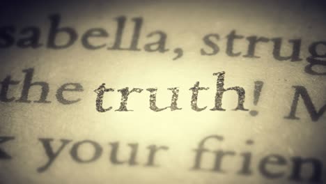 the words truth, love, happiness and believe, replacing each other on the old page in the book, are separated from the general text and approach the camera.