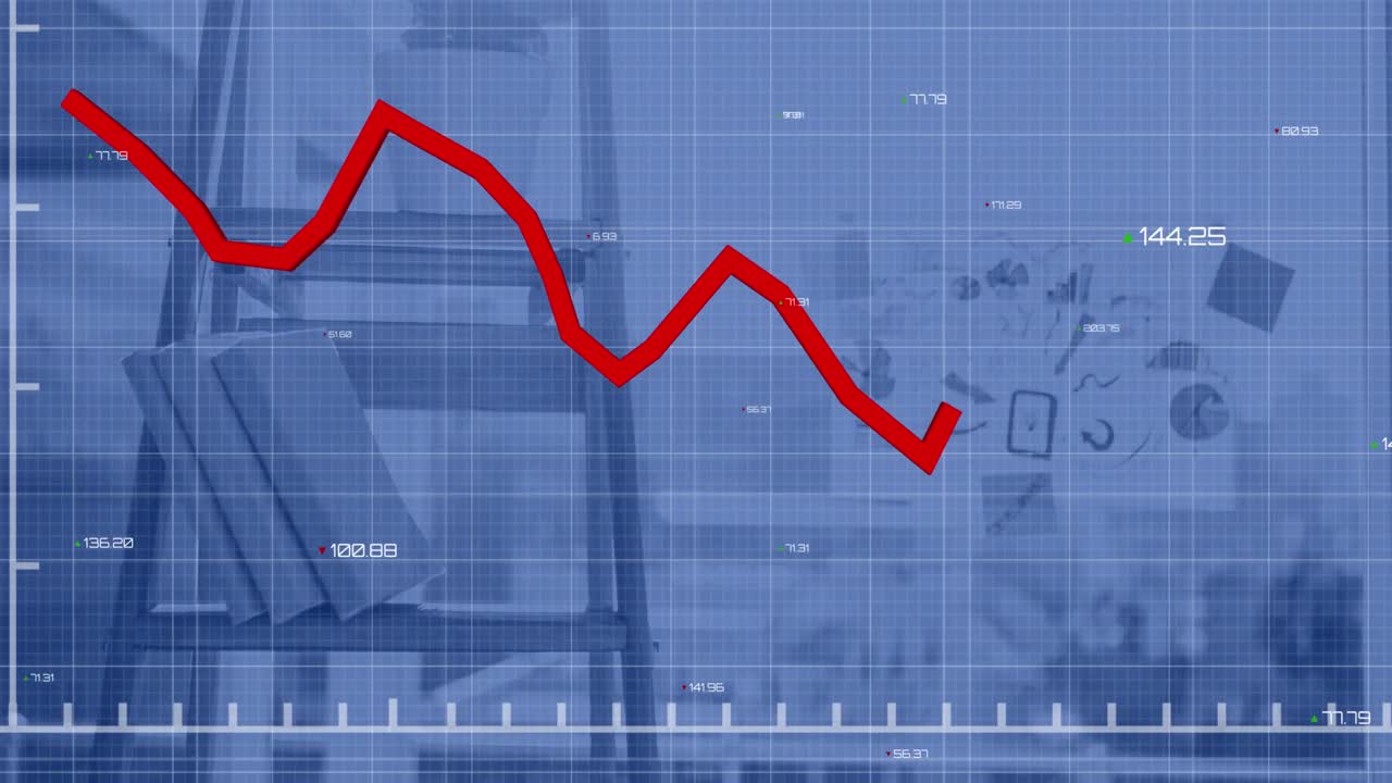 Animation of red graphs with changing numbers on grid pattern over books on ladder