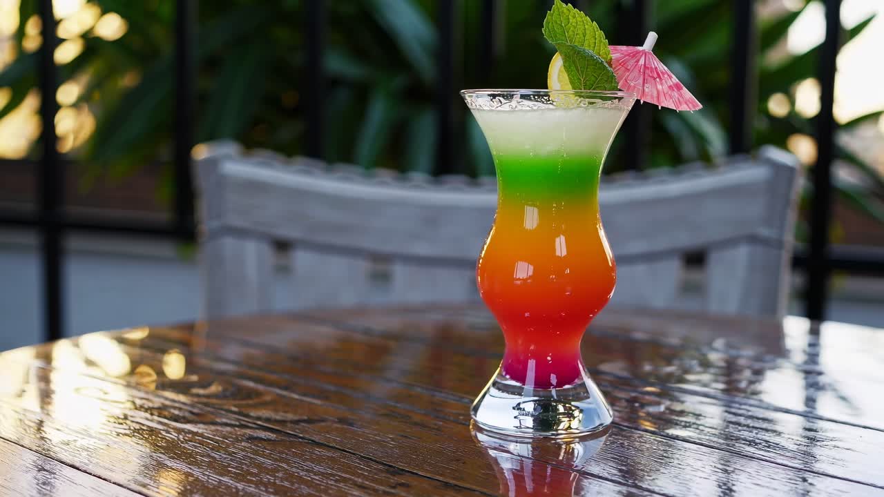 Farverig cocktail med lag af farver på et træbord, fotograferet i øjenhøjde.