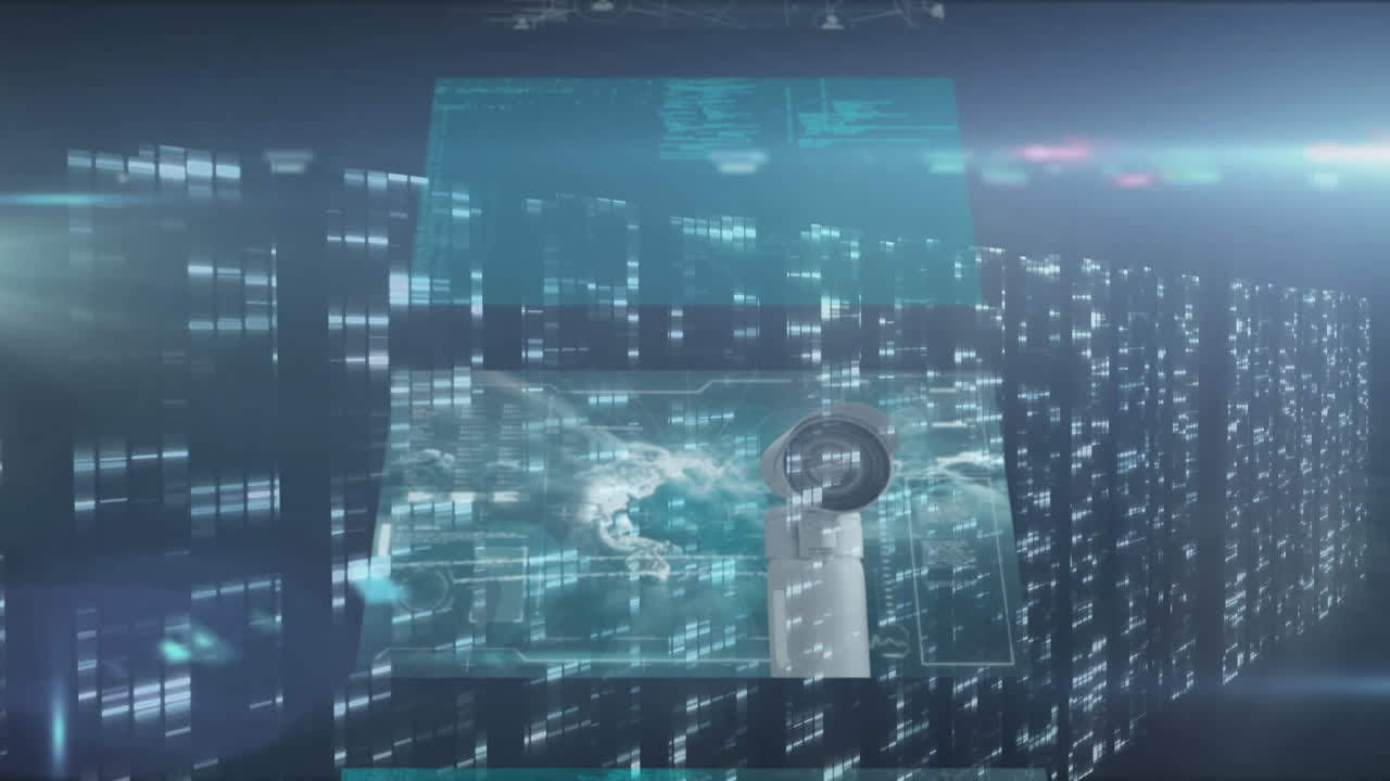 Animation of light spots and digital screens on blue background