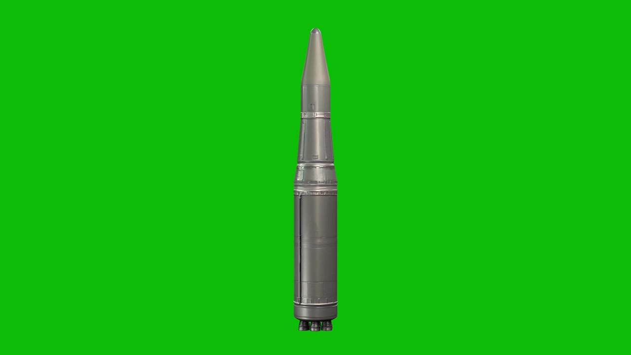 Design dettagliato in 3D di un missile nucleare militare 06, con corpo metallico, ogiva aerodinamica, isolato su schermo verde. Inizio Guerra Fredda, tecnologia aerospaziale, concetti militari, immagini belliche