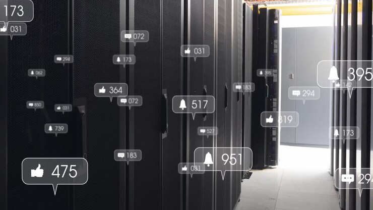 Animation of social media icons and data processing over computer servers