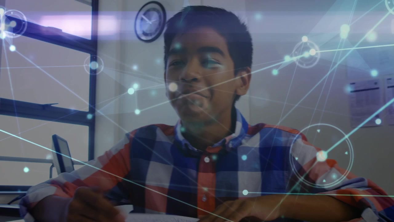 Glowing network of connections against asian teacher and diverse students in the class at school