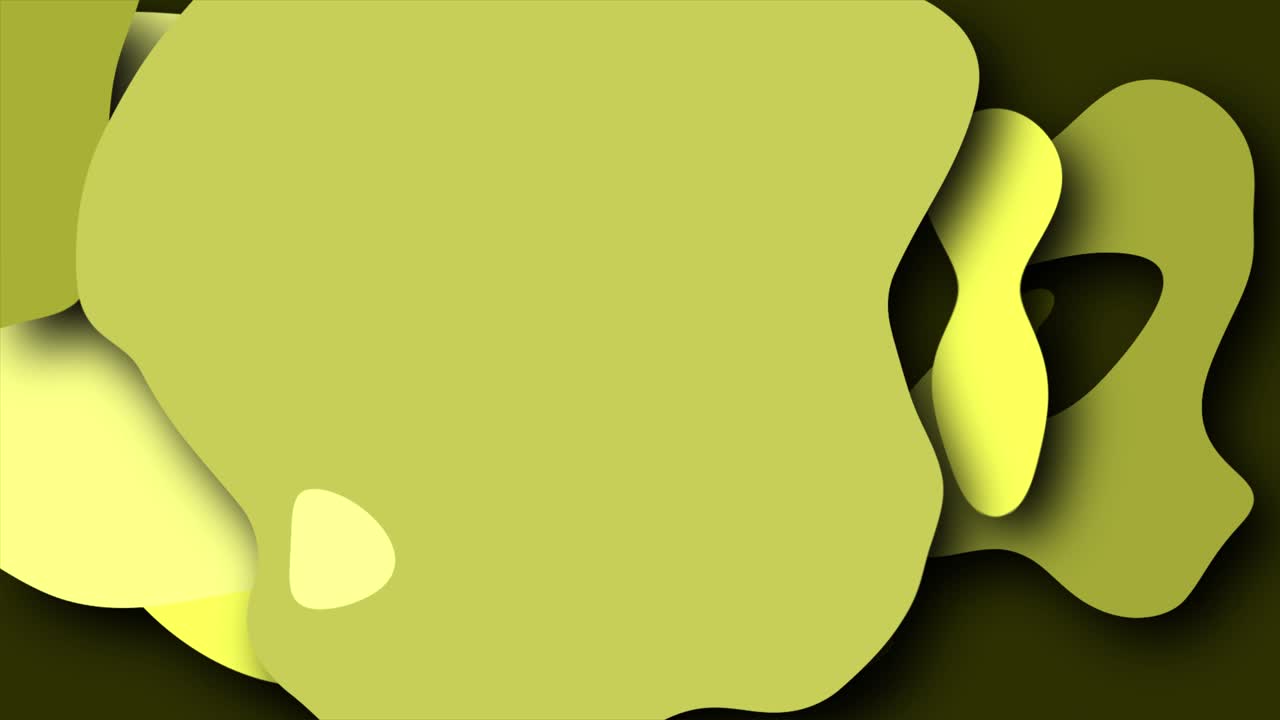 Blob e cerchi animati in 2D che roteano su uno sfondo scuro con grafica in movimento astratta e dinamica, macchie e ghirigori in stile pittura con ipnotici effetti visivi color oro e giallo