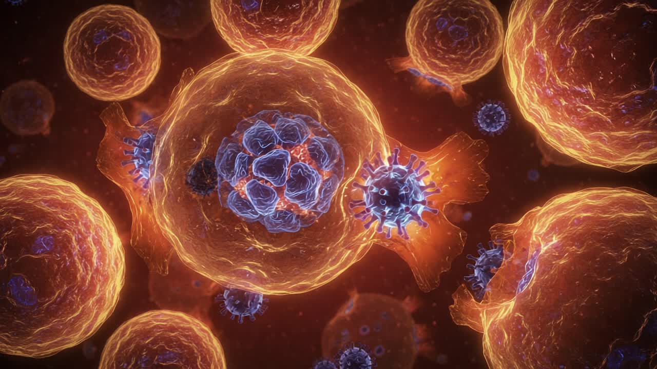 Intricate Cellular Interaction: A Stunning Visualization of Cells and Viruses Engaged in Complex Biological Processes at the Microscopic Level