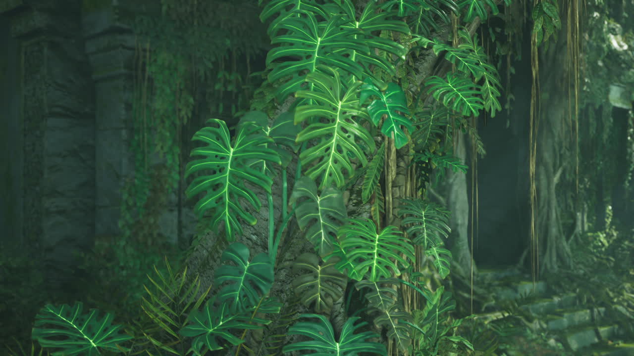 Bright green leaves frame historic columns beneath shadowy opening