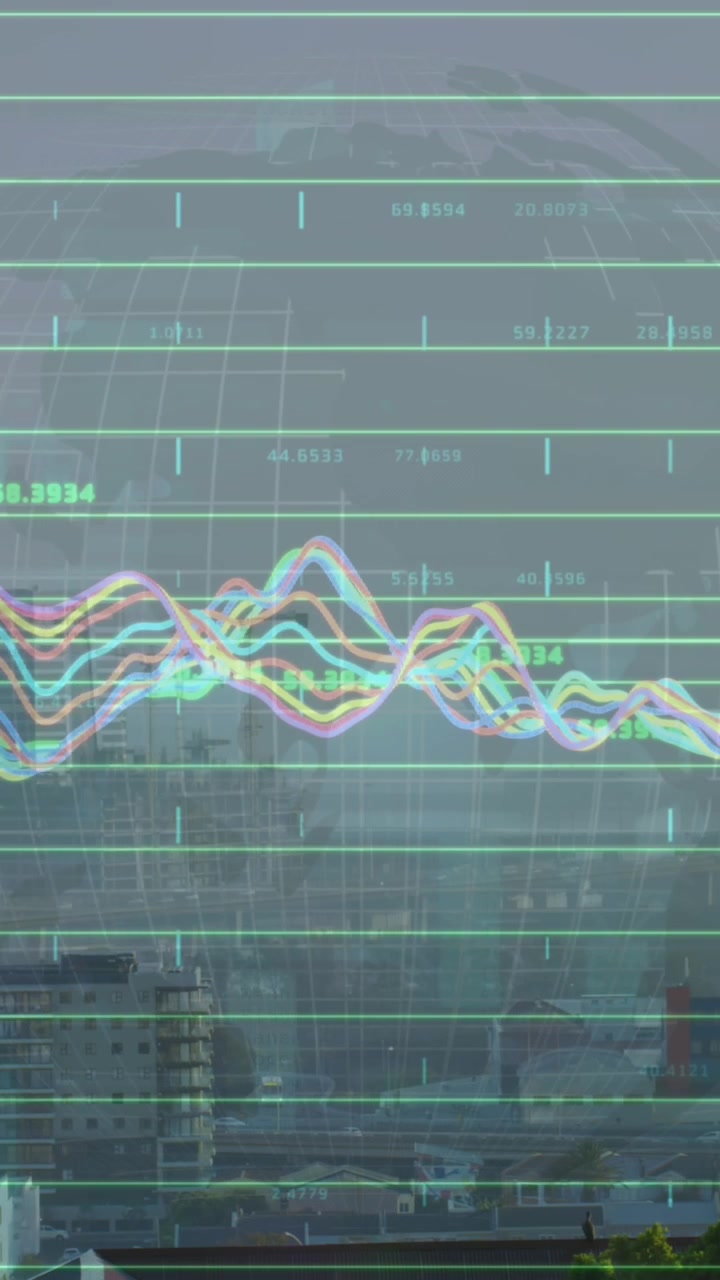 Animation of finacial data processing over cityscape