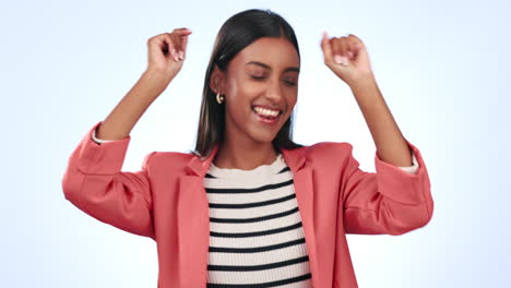 Dancing,-happy-and-young-woman-in-a-studio