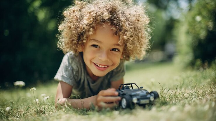 Bambino che gioca con un'auto giocattolo sull'erba in una giornata di sole