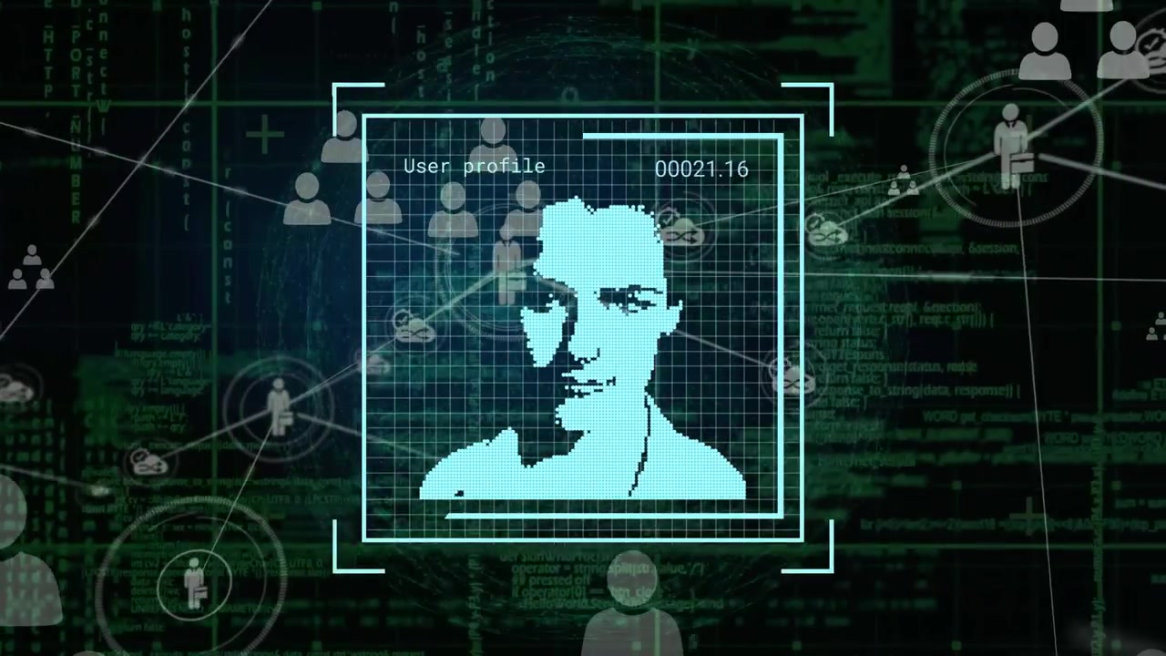 Animation of network of connections and digital interface over black background