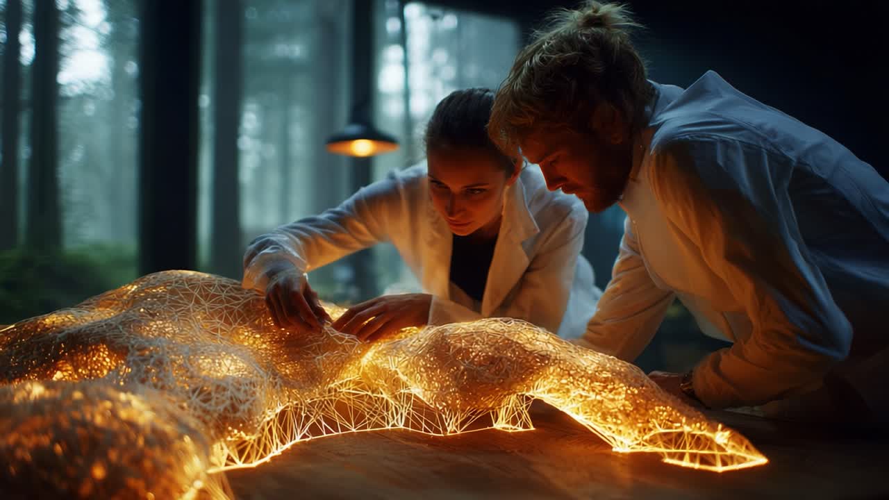 Exploring the Intersection of Technology and Nature: Innovative Creators Utilize Light and Texture to Craft a Stunning, Organic Lifelike Sculpture in a Serene Environment