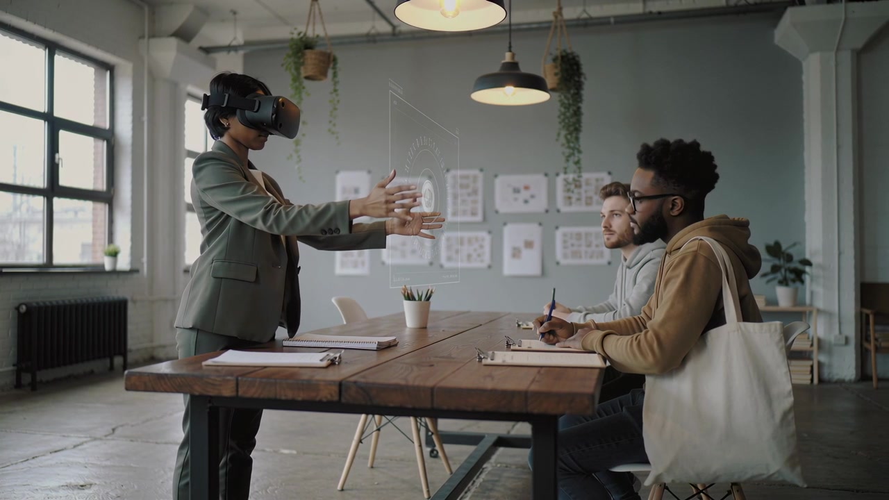 Headset activating, reaching woman in suit jacket demoing prototype at long table with clipboards