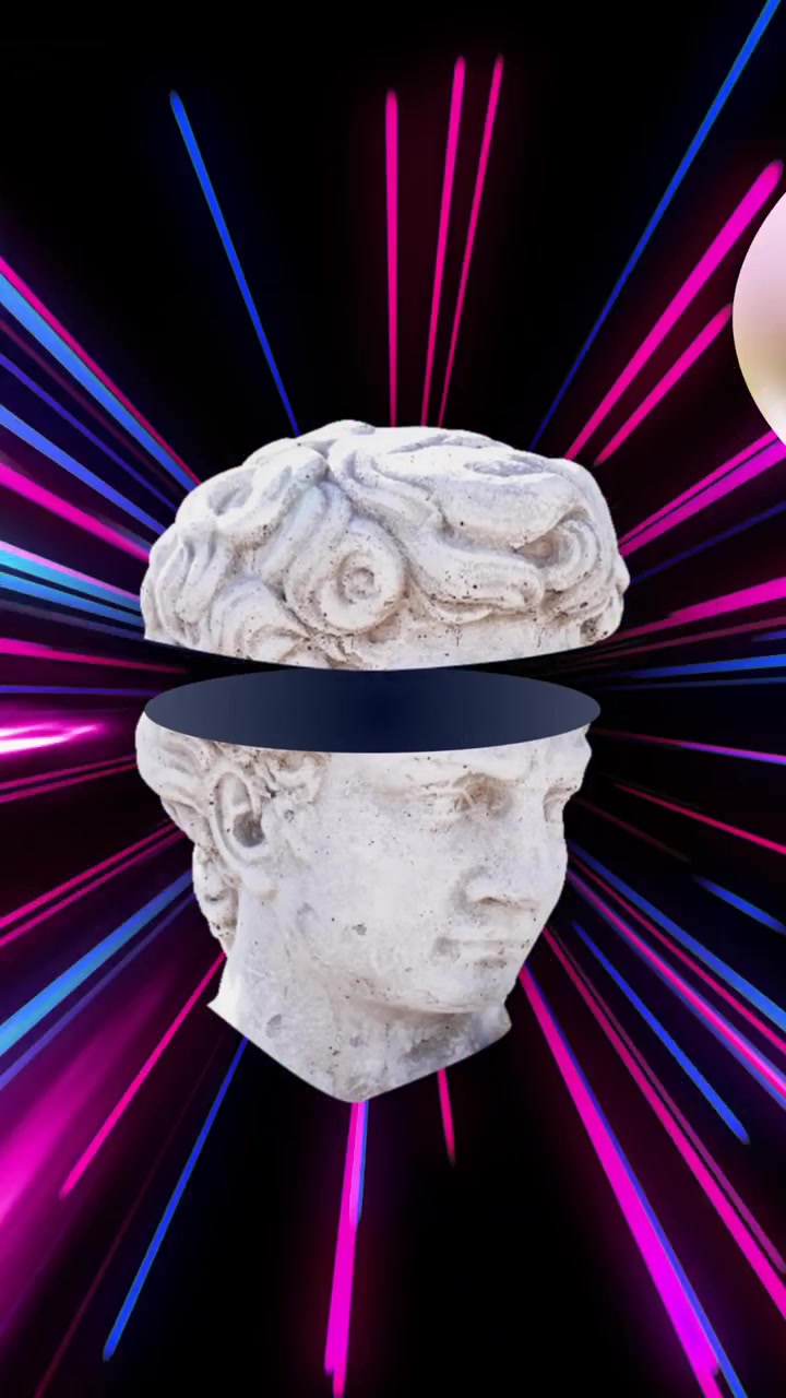 Forme astratte e animazione di scie di luce al neon su una testa di scultura classica.