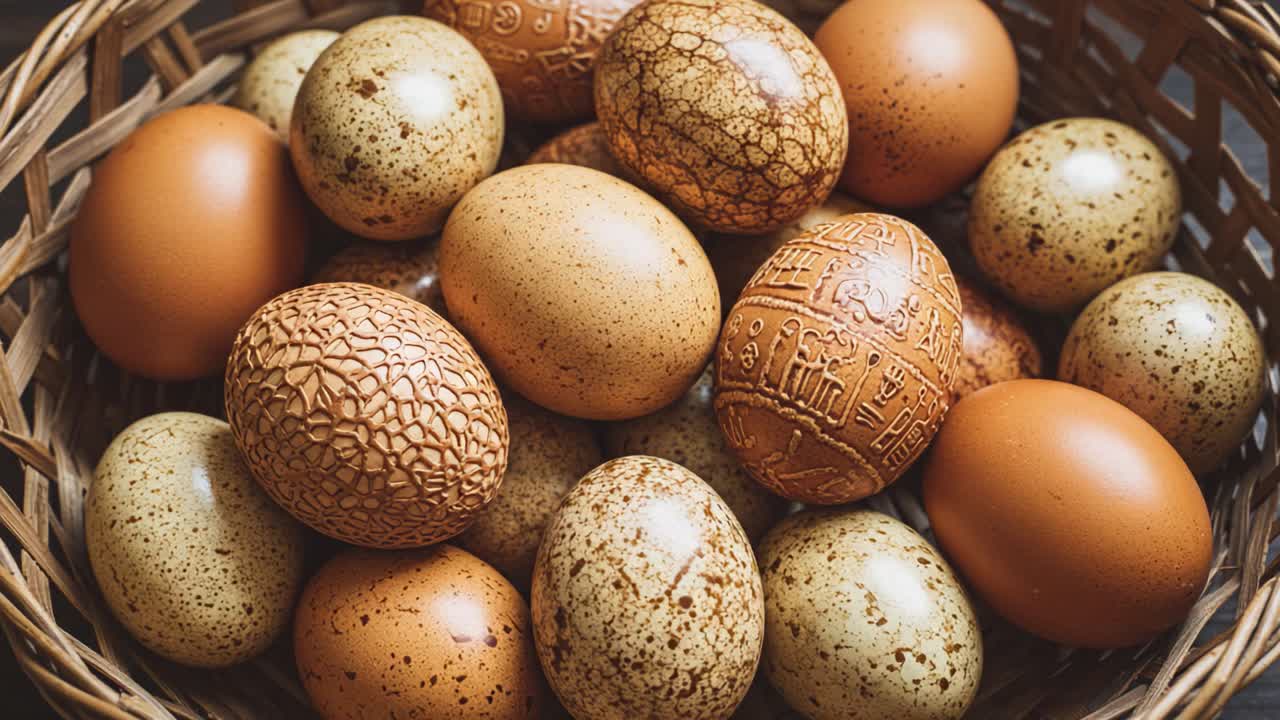 Kaunis valikoima koristeltuja munia luonnonmukaisessa korissa. Esittelee ainutlaatuisia kuvioita, värejä ja tekstuureja juhlistamaan vuodenaikojen juhlia ja taiteellista ilmaisua.