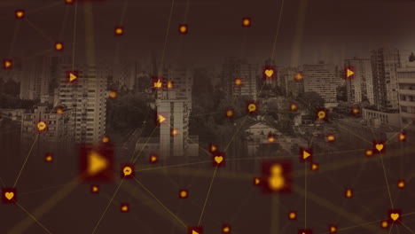 iconas de red de conexiones contra el paisaje urbano
