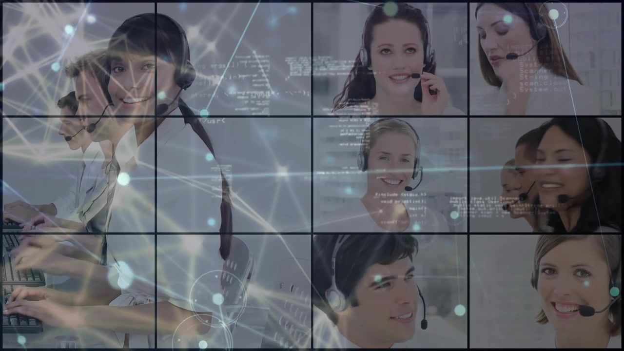 Animation of globe and data processing over business people wearing phone headsets