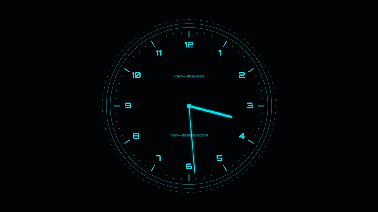 Digital Clock Face With Glowing Cyan Hands Moving Against Black Background