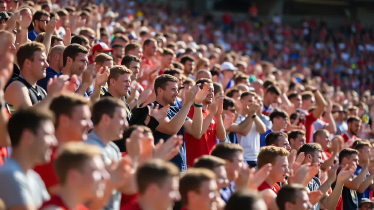 Una folla vibrante che esulta all'unisono: spettatori che applaudono con entusiasmo e portano energia all'evento nonostante il caldo estivo in uno stadio pieno di passione ed eccitazione.