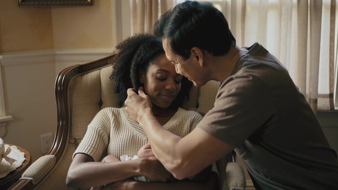 Approaching man tucking woman's hair as she in knit top cradling swaddled newborn at home, bonding