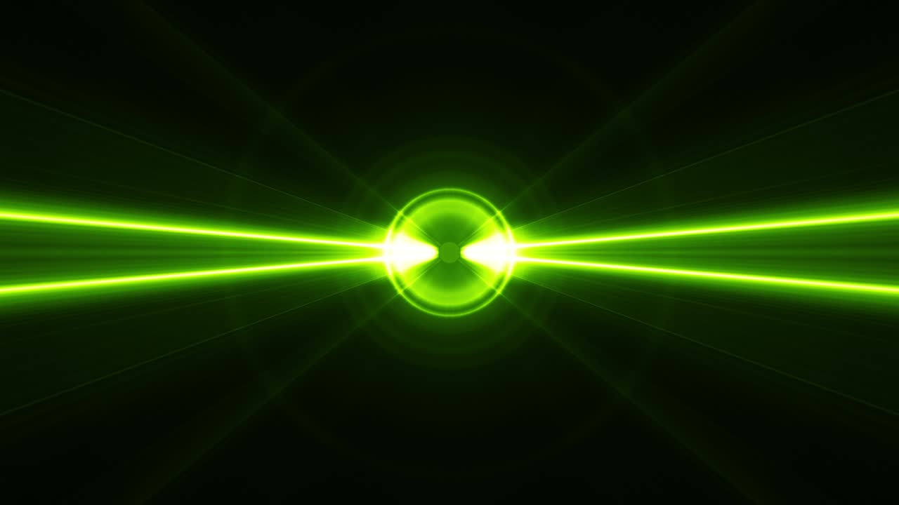4k simétrica óptica verde lente de neón flares transición bucle sin costuras con iluminación de rayos brillantes. luces de escenario vj. luces flash en bucle animación para la introducción, títulos, transiciones, efecto, escena de superposición.