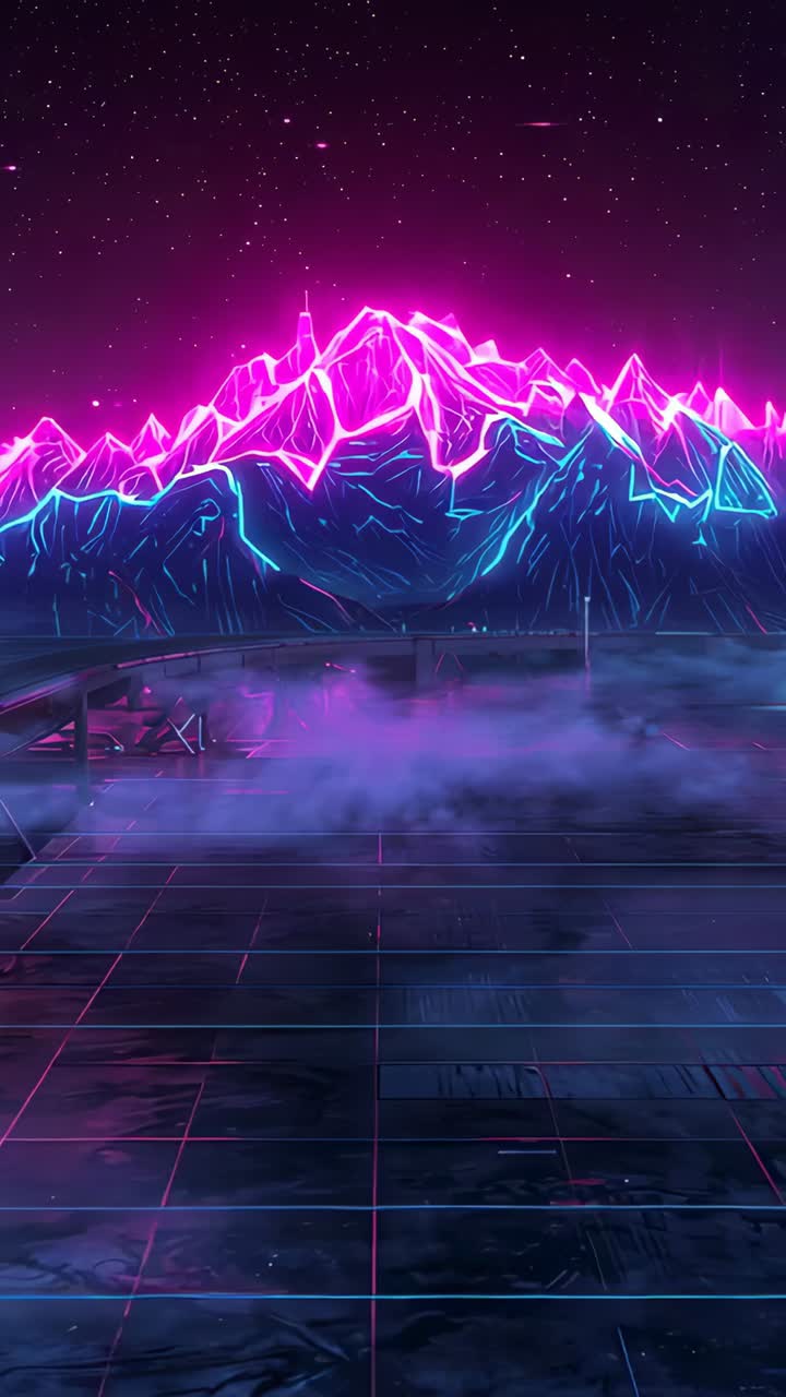 Video verticale: nebbia viola che si dissolve rivelando una cresta neon rosa-ciano su una griglia, che espone un ponte di metallo