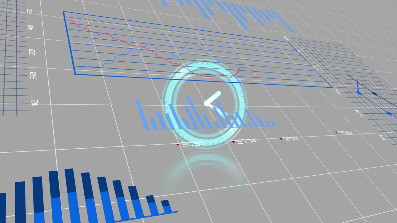 3D tech dashboard rotating on grid, tilting camera activating clock, bars, pies, revealing metrics