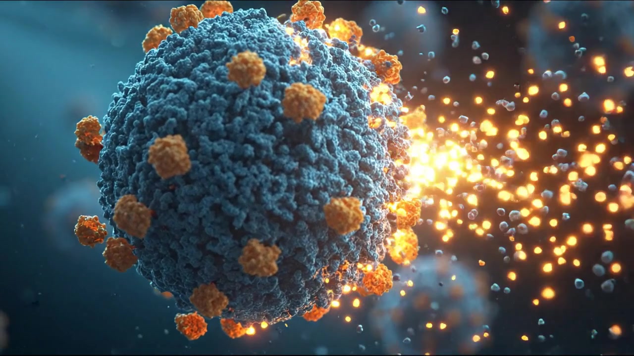 Orange biologisk celle, der frigiver partikler i et mikroskopisk miljø