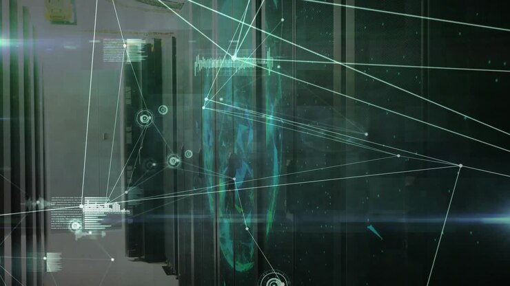 Faint network lines forming before server racks, projecting globe and scanning racks for data flow