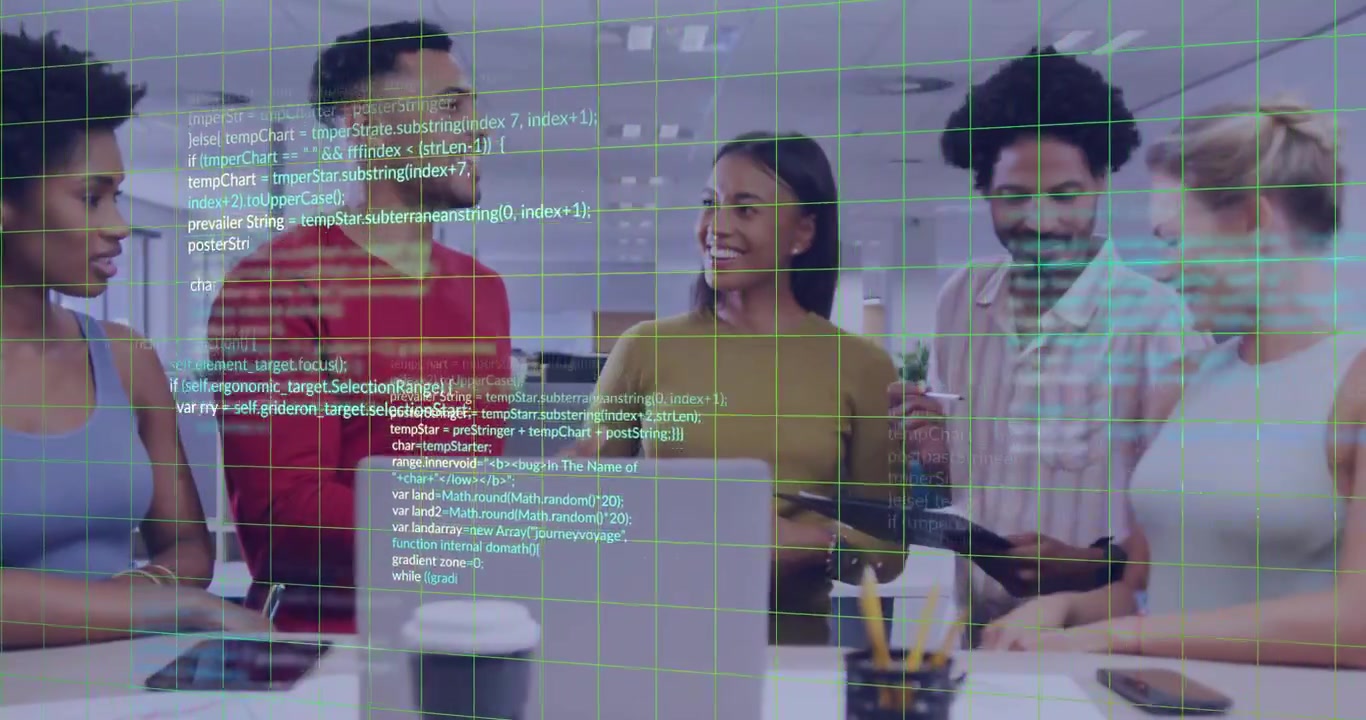 Team of five discussing business project, striped man showing tablet, green grid overlaying group