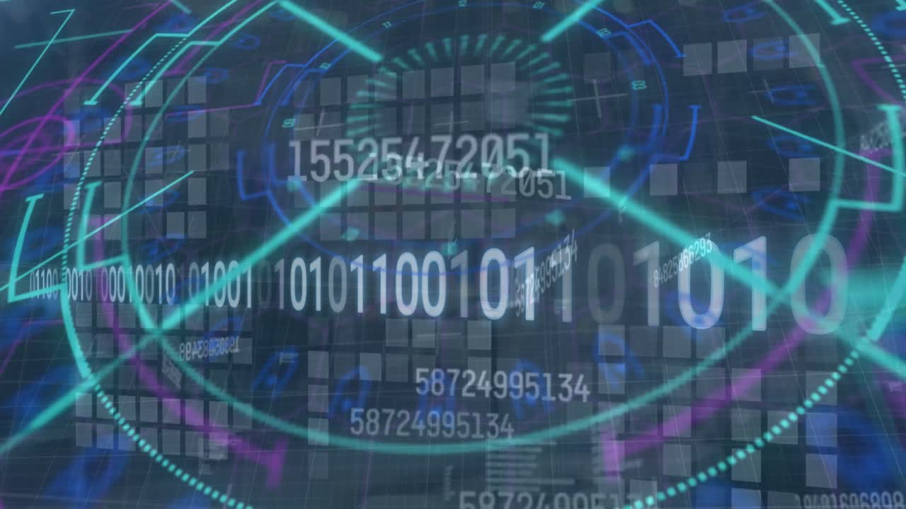 Animation of binary codes over changing numbers against mandala pattern and geometric shapes