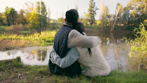 travel, hug and couple by lake on mountain