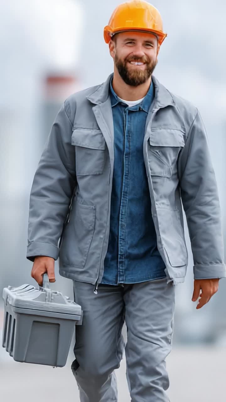 A confident construction worker in a gray outfit and orange hard hat carries a toolbox, showcasing his professional demeanor and readiness for the work ahead